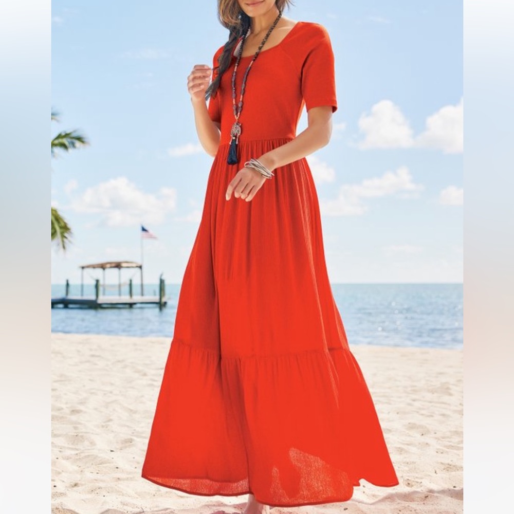 Soft Surroundings Briar Boho Fiery Red Tiered Maxi Dress Large - Picture 2 of 10